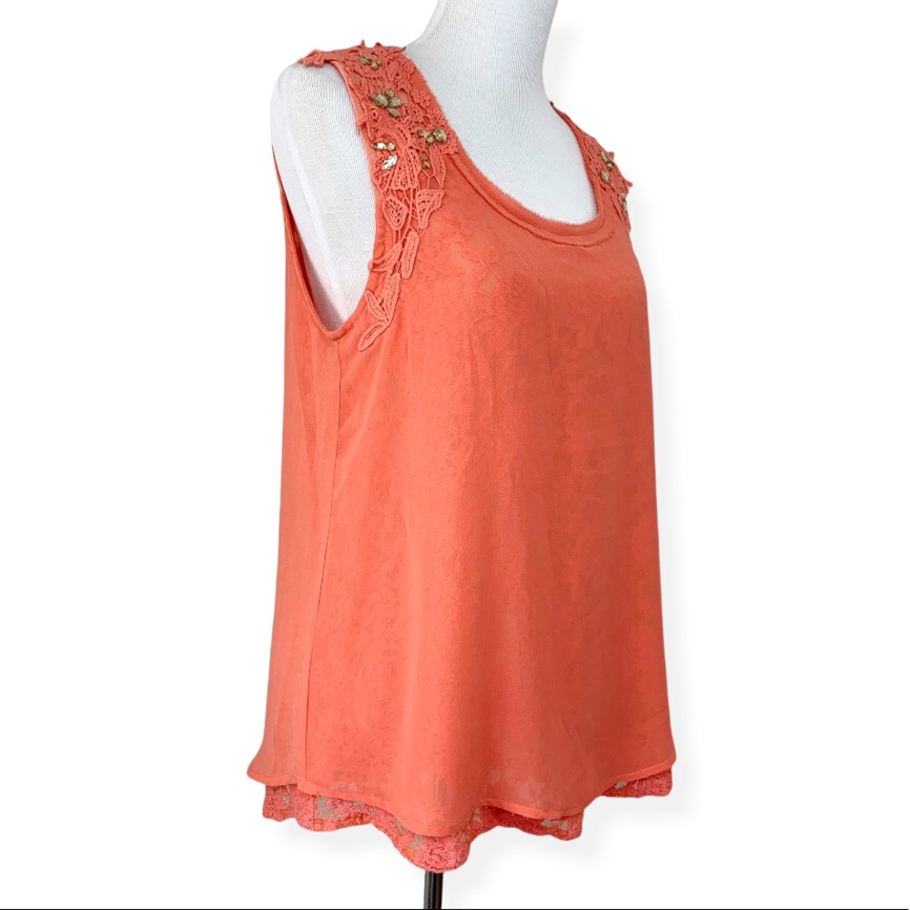 Miss Me Coral Chiffon Lace Rhinestone Tank Top M